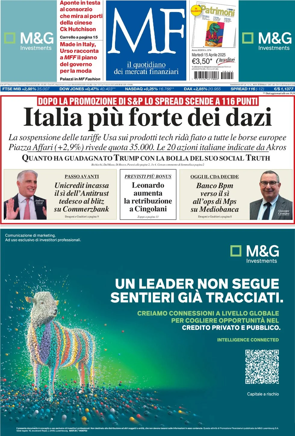 anteprima della prima pagina di mf-milano-finanza del 15/04/2025