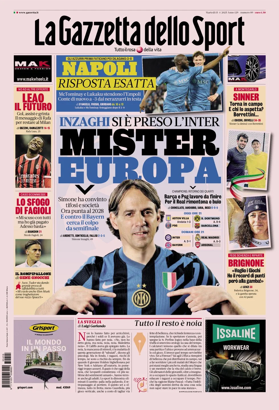 anteprima della prima pagina di la-gazzetta-dello-sport del 15/04/2025