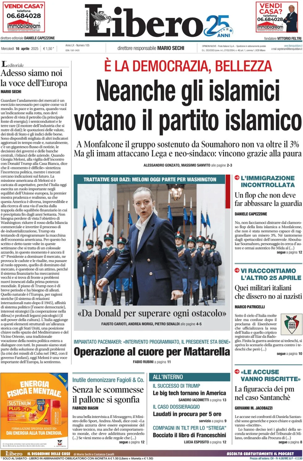 anteprima della prima pagina di libero-quotidiano del 16/04/2025