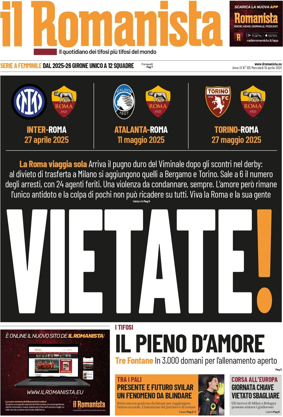 anteprima della prima pagina di il-romanista del 16/04/2025