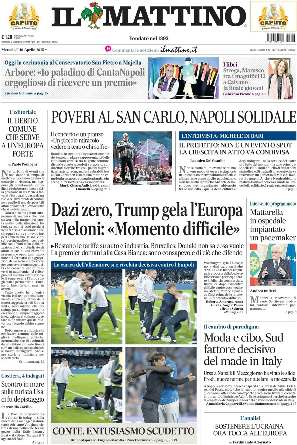 anteprima della prima pagina di il-mattino del 16/04/2025