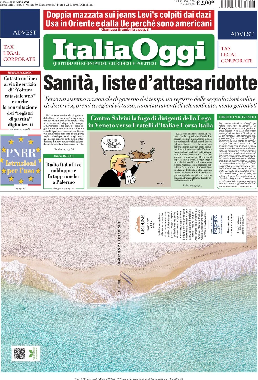 anteprima della prima pagina di italiaoggi del 16/04/2025