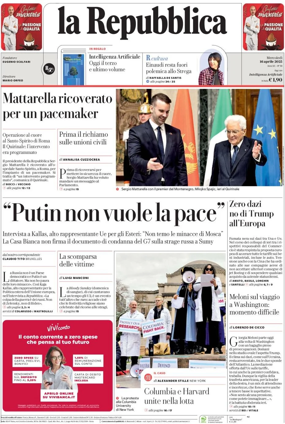 anteprima della prima pagina di la-repubblica del 16/04/2025