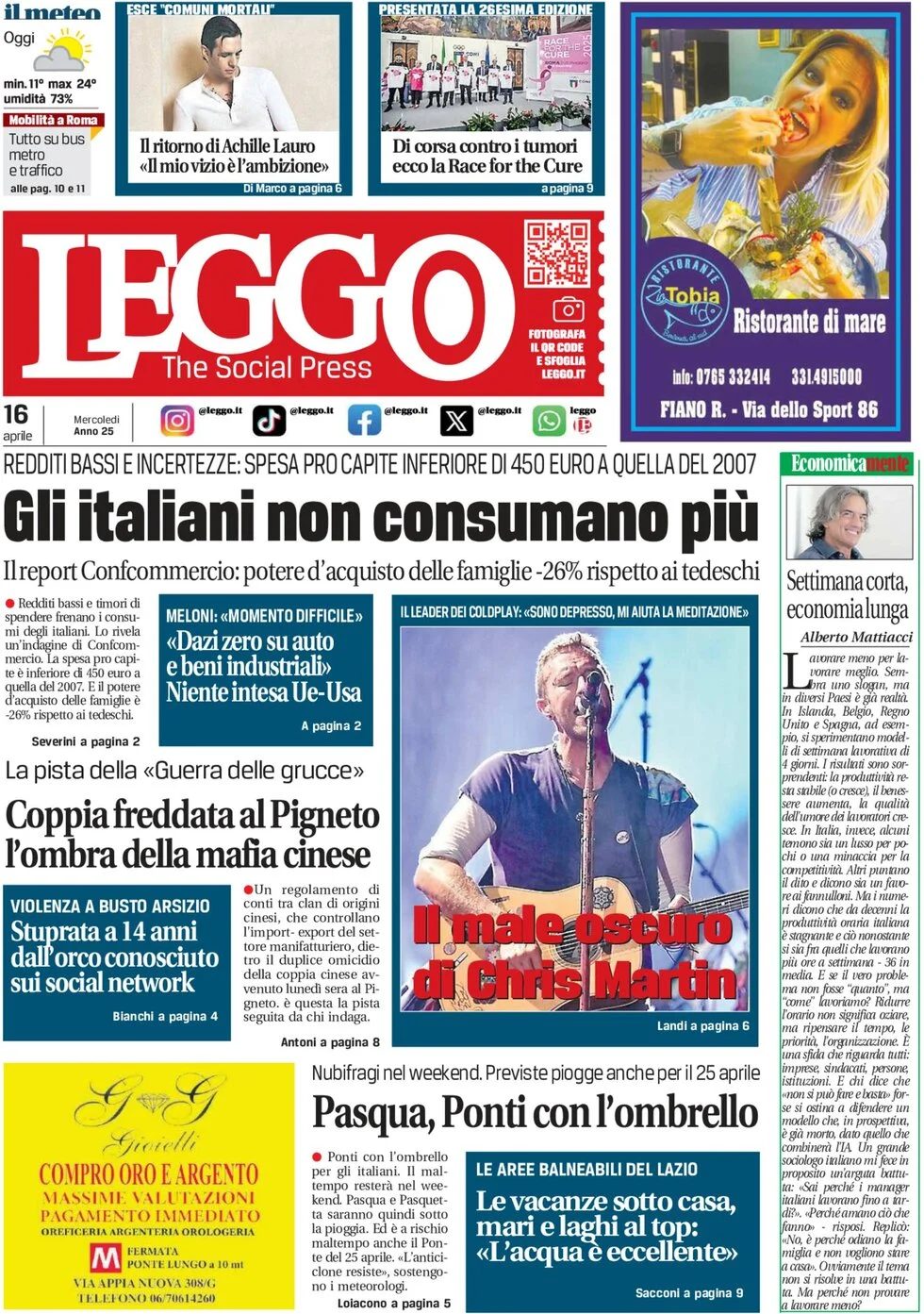 anteprima della prima pagina di leggo-roma del 16/04/2025