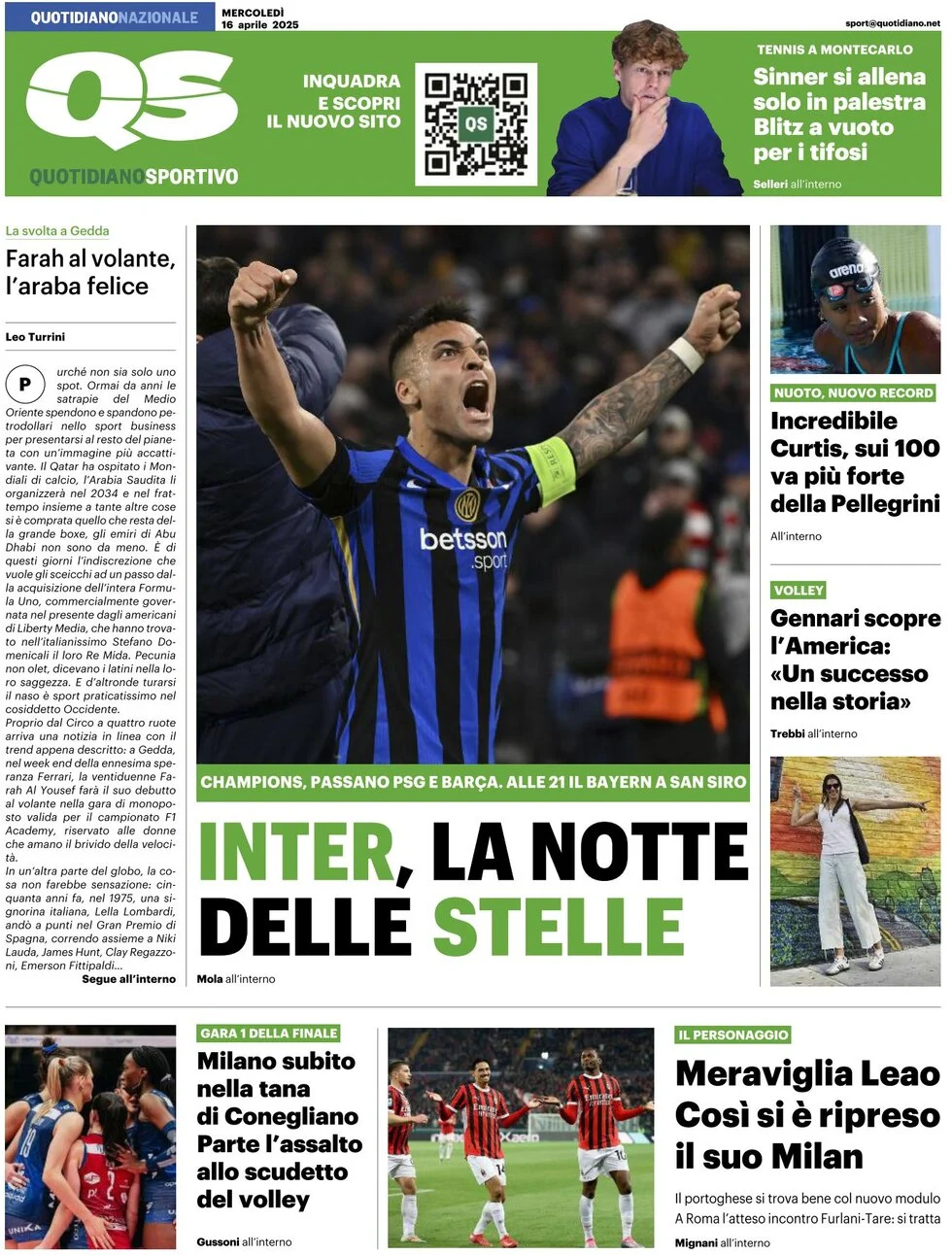 anteprima della prima pagina di qs-quotidiano-sportivo del 16/04/2025