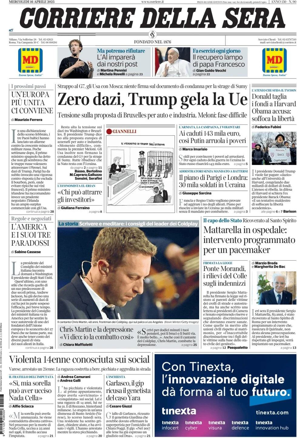 anteprima della prima pagina di corriere-della-sera del 16/04/2025