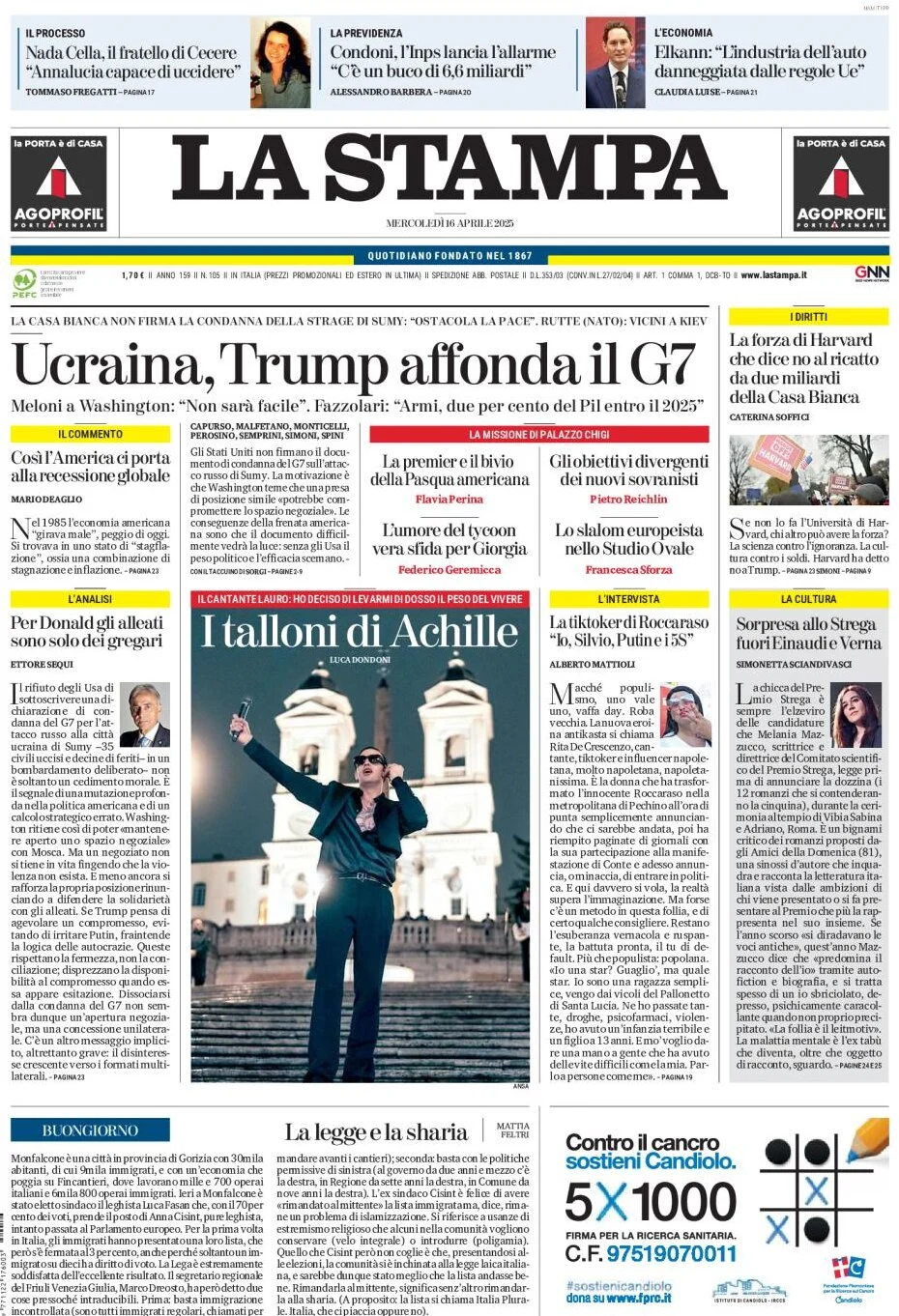 anteprima della prima pagina di la-stampa del 16/04/2025