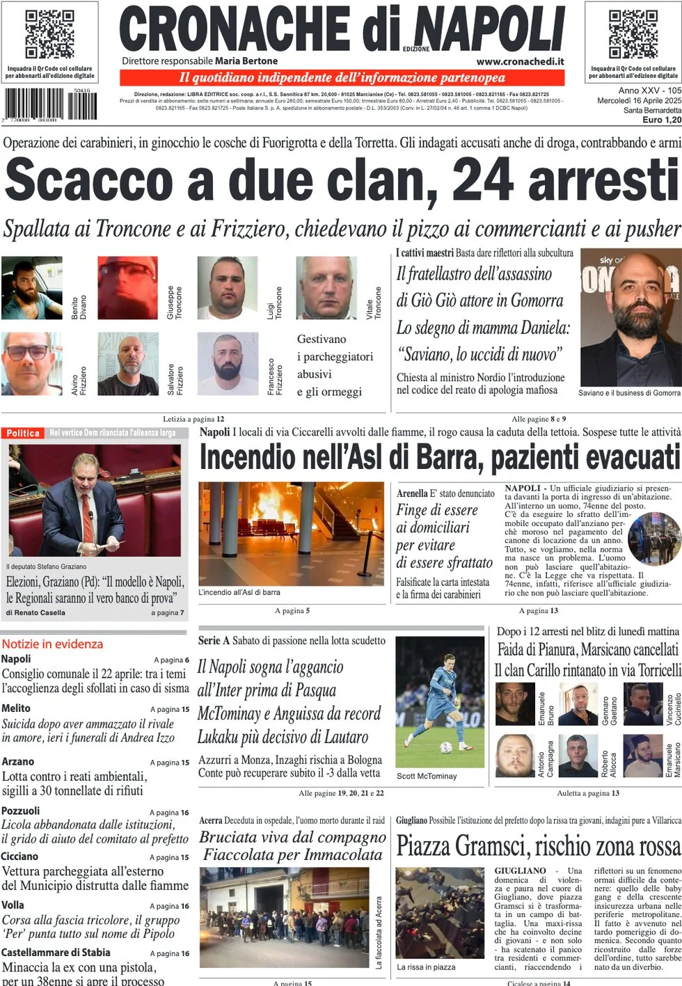 anteprima della prima pagina di cronache-di-napoli del 16/04/2025