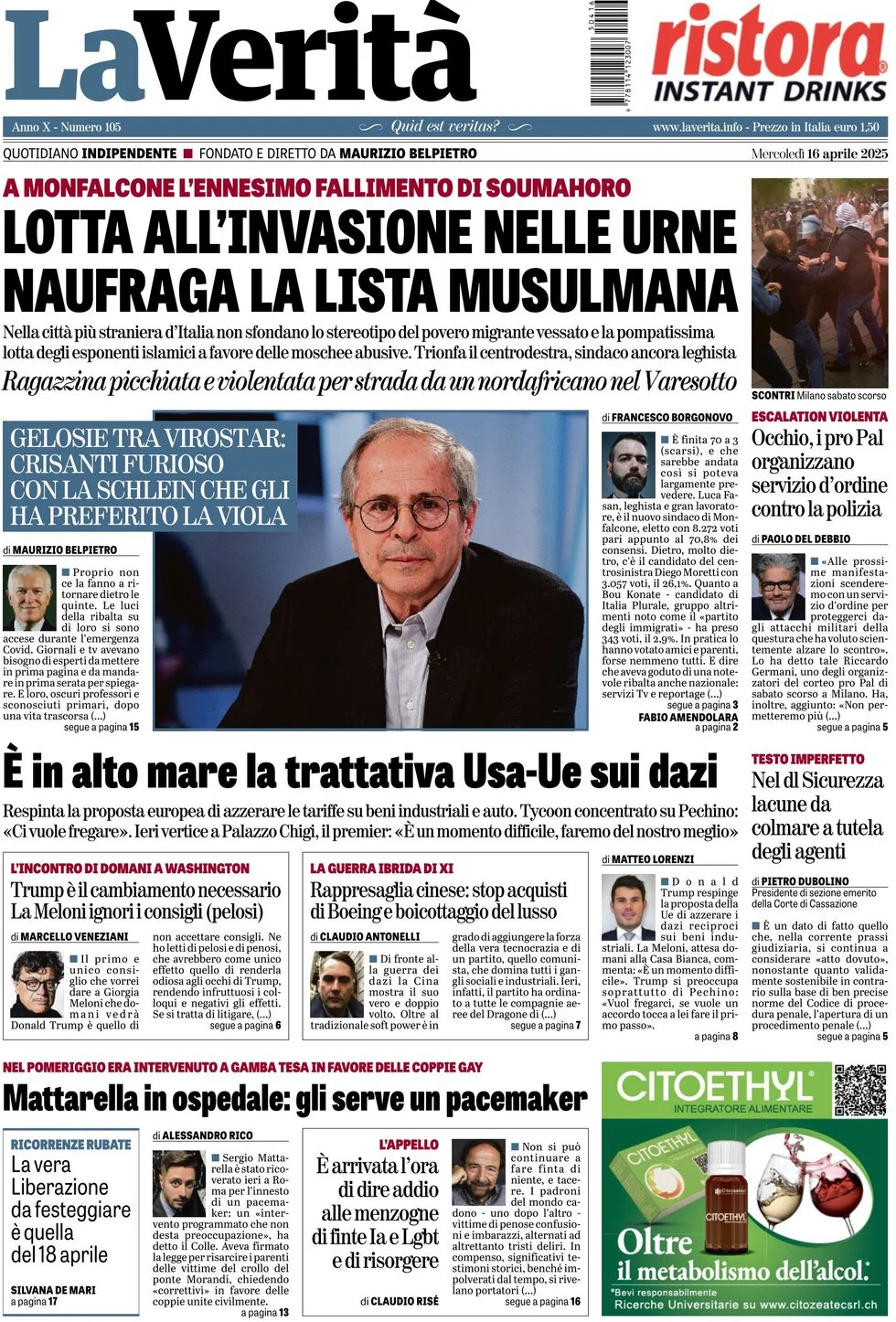 anteprima della prima pagina di la-verit del 16/04/2025