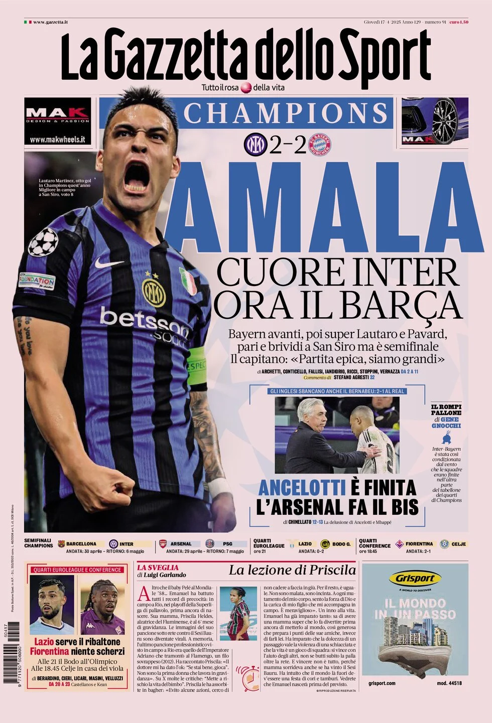 Anteprima prima pagina della rasegna stampa di ieri 2025-04-17 - la-gazzetta-dello-sport/