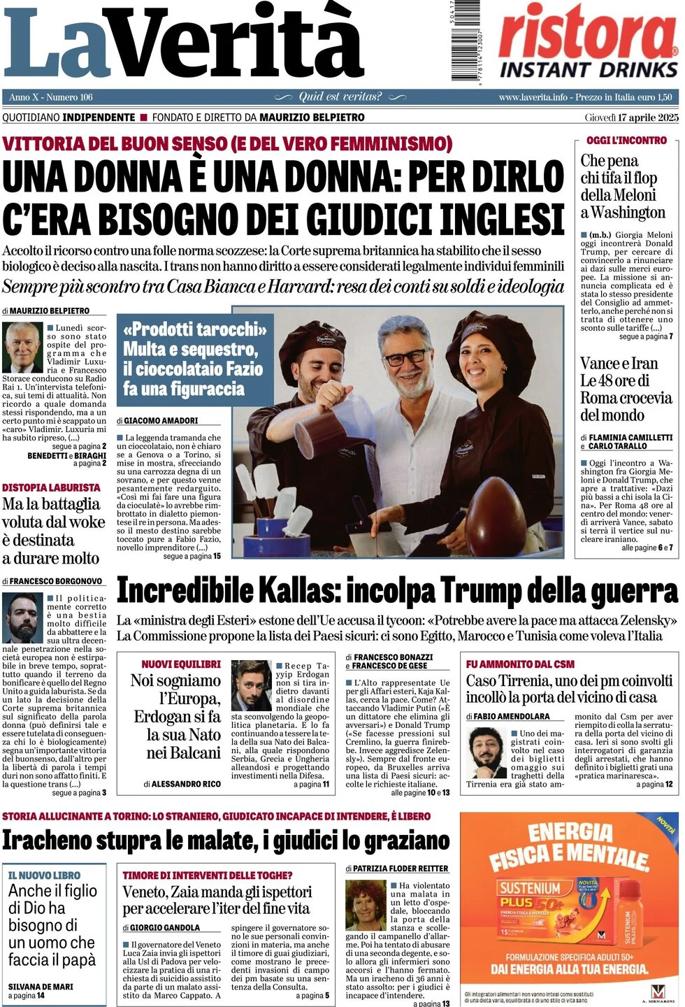 Anteprima prima pagina della rasegna stampa di ieri 2025-04-17 - la-verita/