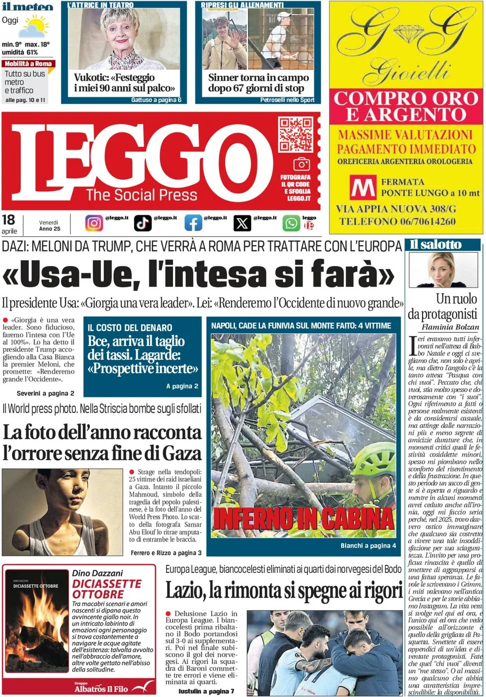 anteprima della prima pagina di leggo-roma del 18/04/2025