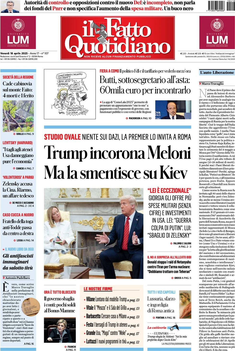 anteprima della prima pagina di il-fatto-quotidiano del 18/04/2025