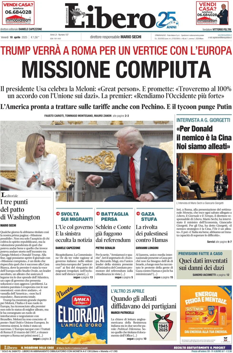 anteprima della prima pagina di libero-quotidiano del 18/04/2025