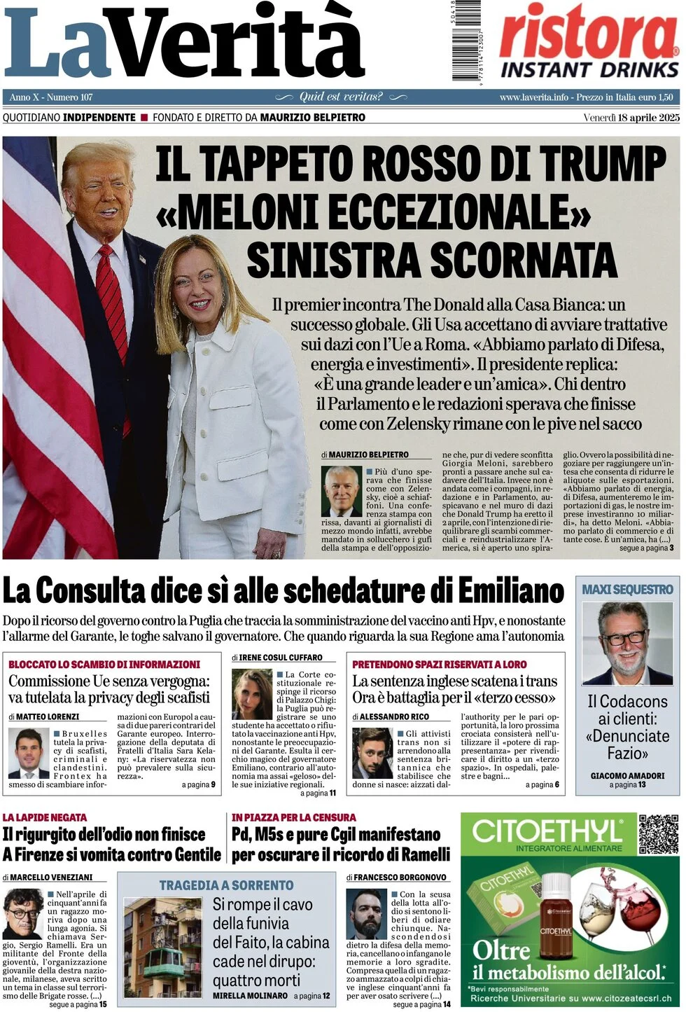 prima pagina - La Verità del 18/04/2025