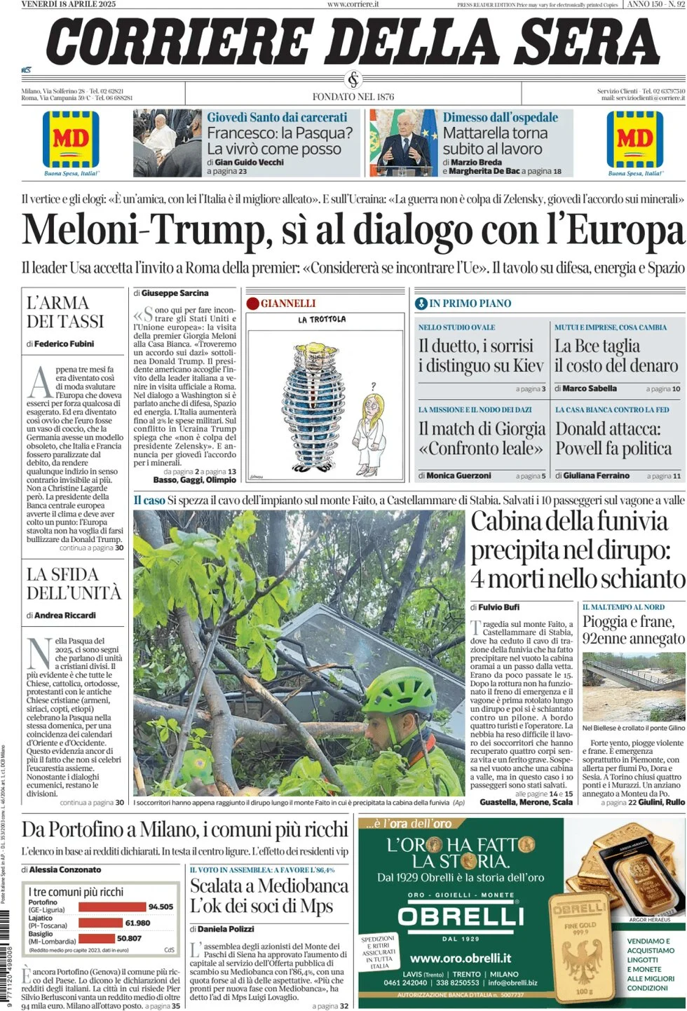 anteprima della prima pagina di Corriere della Sera
