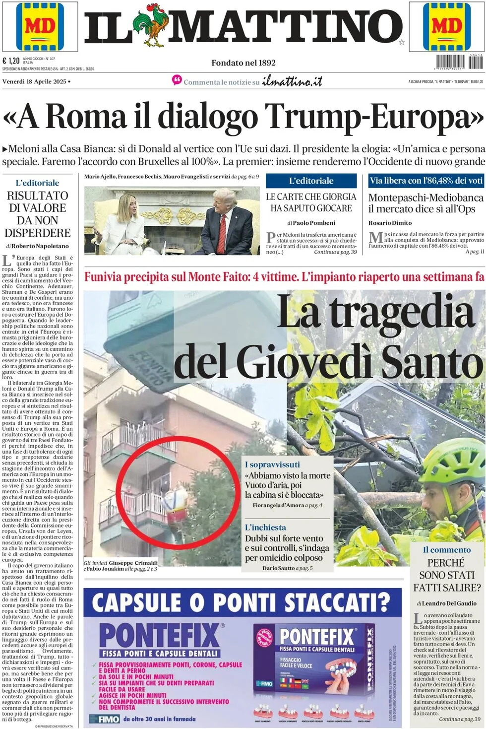 anteprima della prima pagina di il-mattino del 18/04/2025