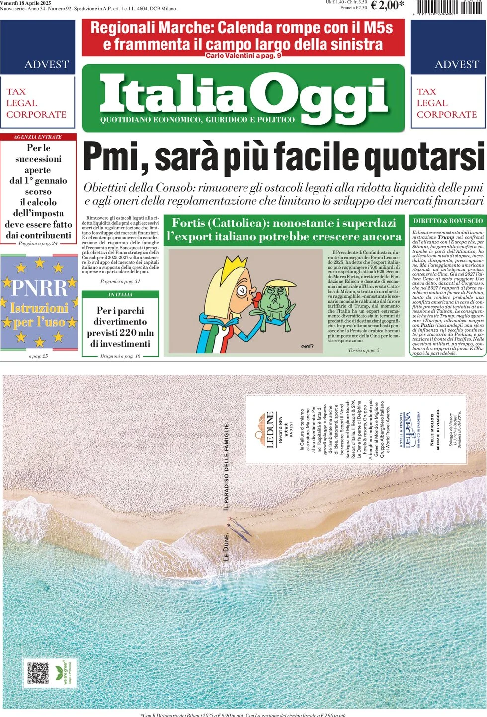 anteprima della prima pagina di italiaoggi del 18/04/2025