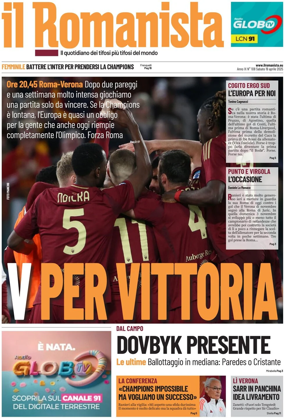 anteprima della prima pagina di il-romanista del 19/04/2025