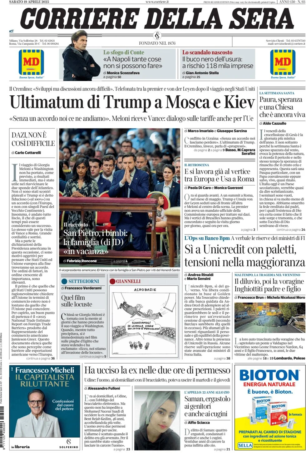 anteprima della prima pagina di corriere-della-sera del 19/04/2025