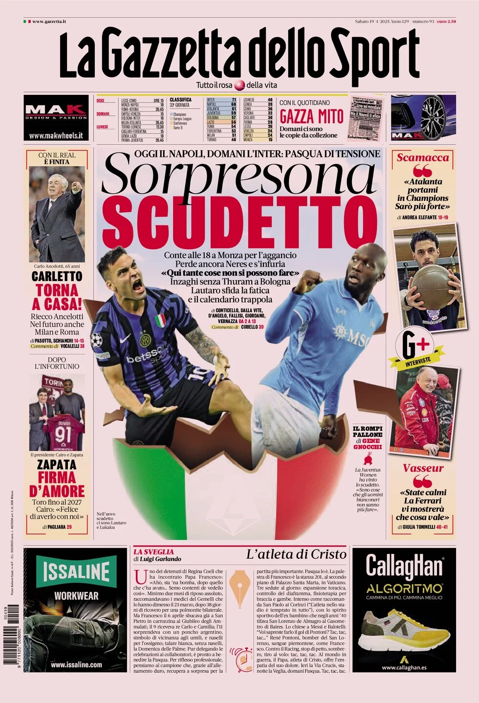 anteprima della prima pagina di la-gazzetta-dello-sport del 19/04/2025