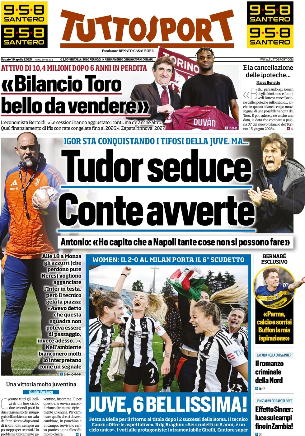 anteprima della prima pagina di tuttosport del 19/04/2025