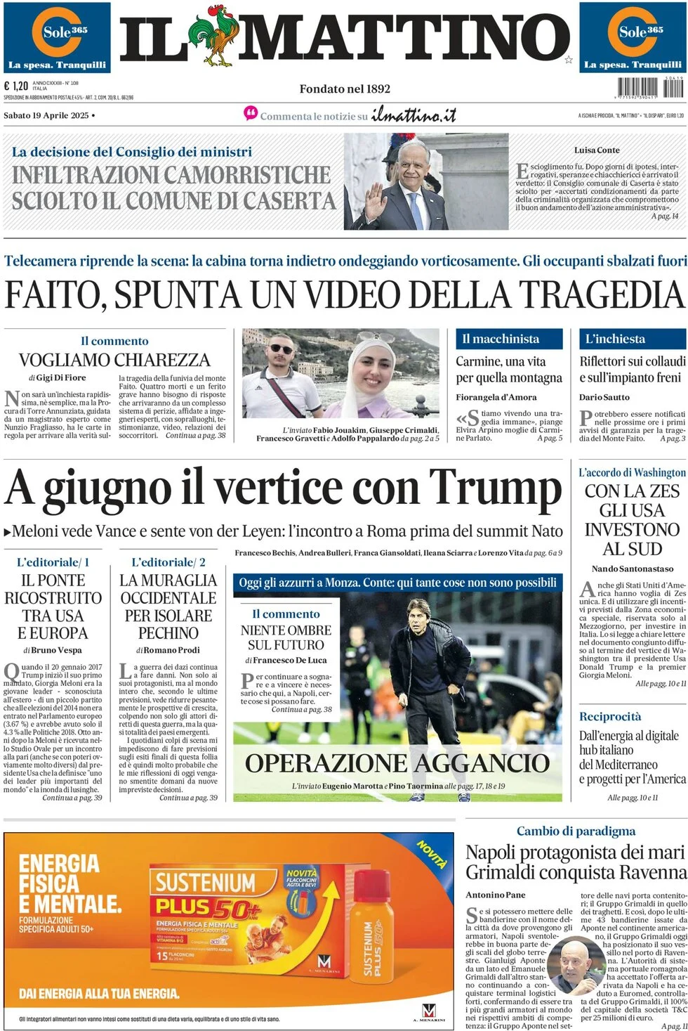 anteprima della prima pagina di il-mattino del 19/04/2025