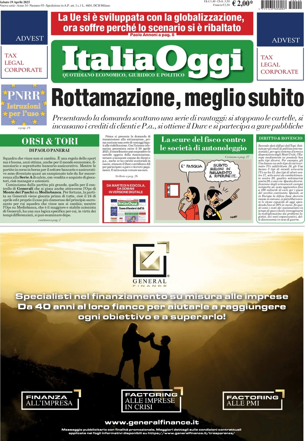 anteprima della prima pagina di italiaoggi del 19/04/2025