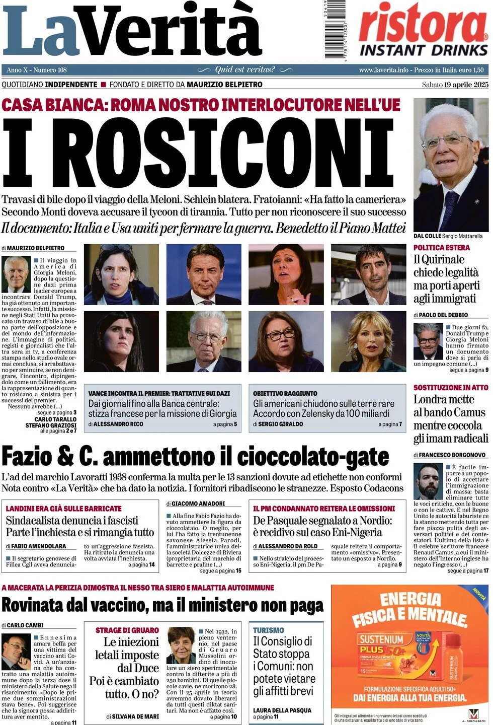 anteprima della prima pagina di la-verit del 19/04/2025
