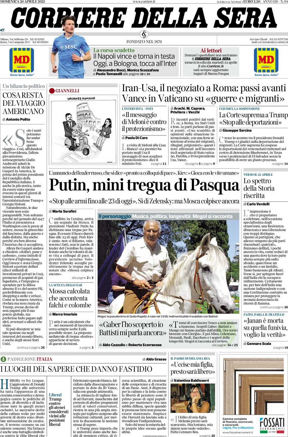anteprima della prima pagina di corriere-della-sera del 20/04/2025
