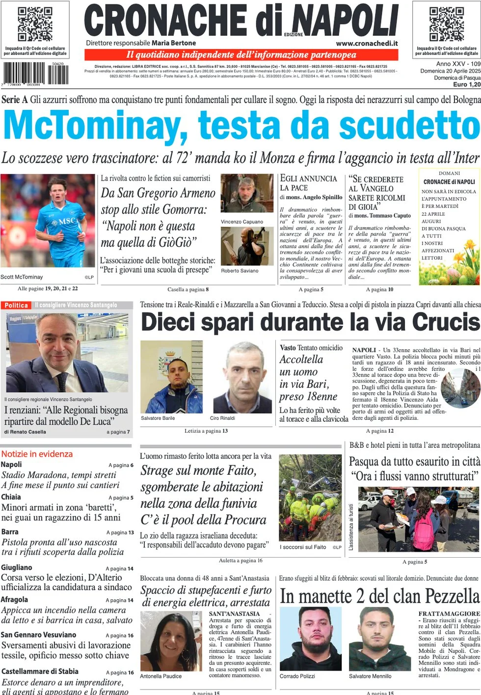 anteprima della prima pagina di cronache-di-napoli del 20/04/2025
