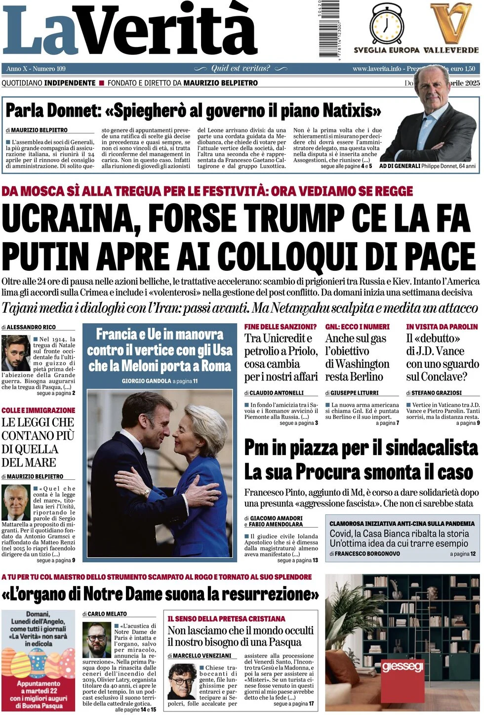 anteprima della prima pagina di la-verit del 20/04/2025