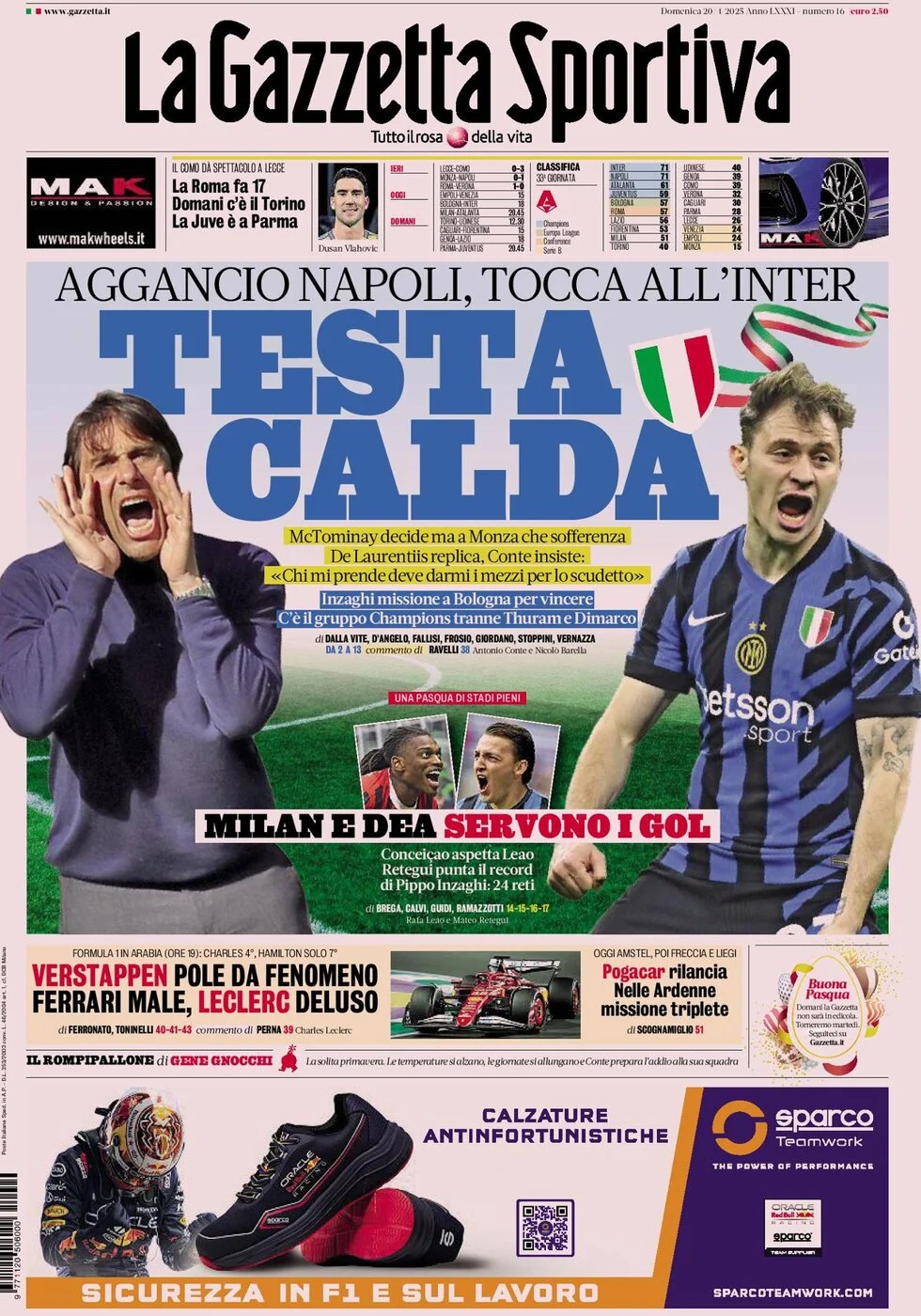 anteprima della prima pagina di la-gazzetta-dello-sport del 21/04/2025