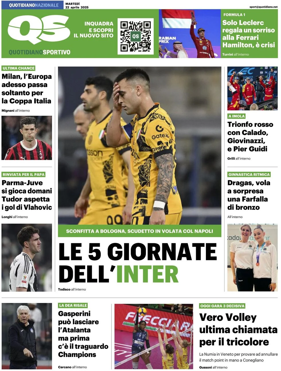 anteprima della prima pagina di qs-quotidiano-sportivo del 22/04/2025