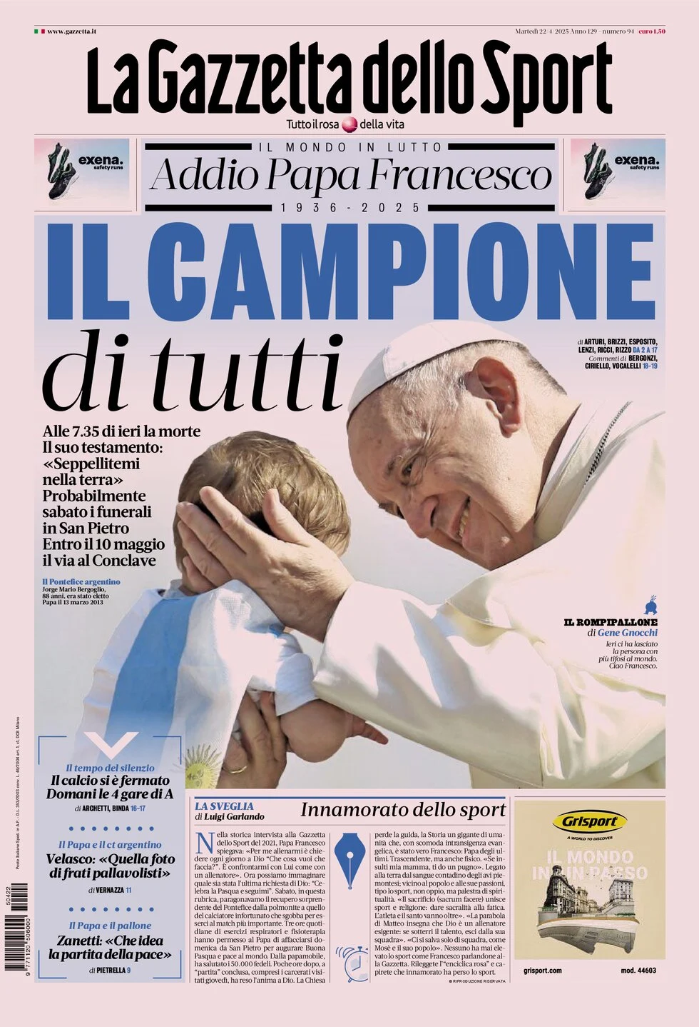 anteprima della prima pagina di la-gazzetta-dello-sport del 22/04/2025