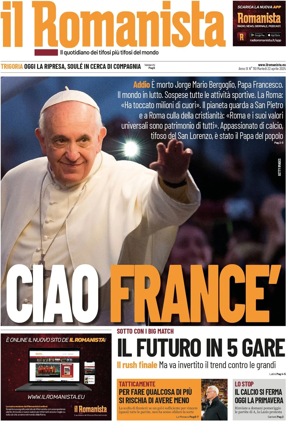 anteprima della prima pagina di il-romanista del 22/04/2025