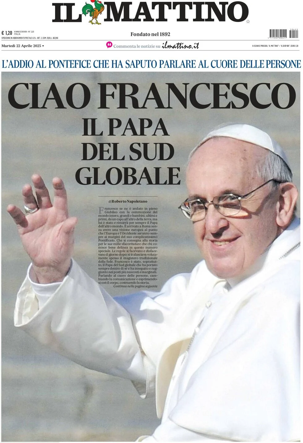 anteprima della prima pagina di il-mattino del 22/04/2025