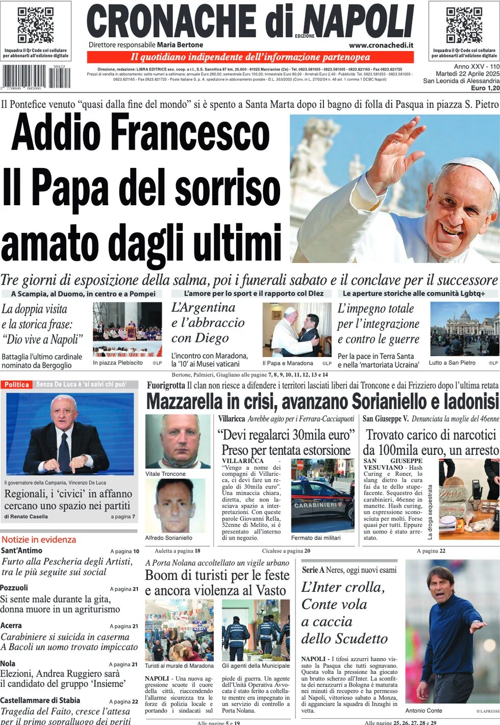 anteprima della prima pagina di cronache-di-napoli del 22/04/2025