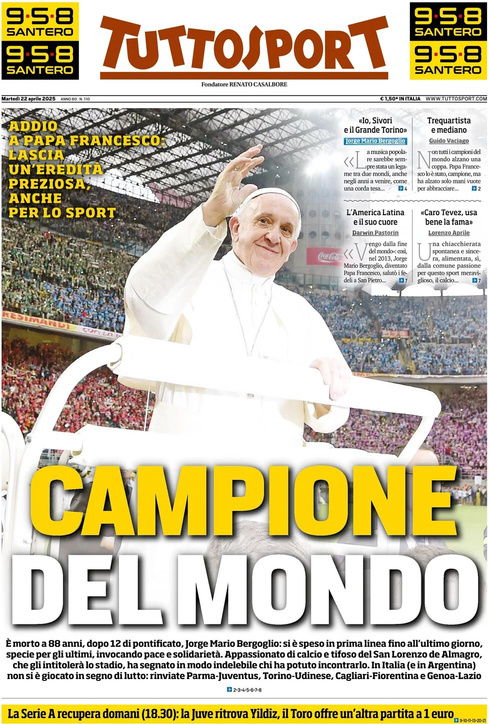anteprima della prima pagina di tuttosport del 22/04/2025