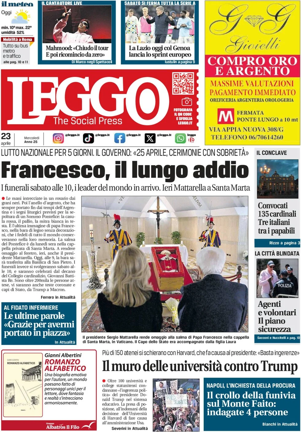 Anteprima prima pagina della rasegna stampa di ieri 2025-04-23 - leggo/