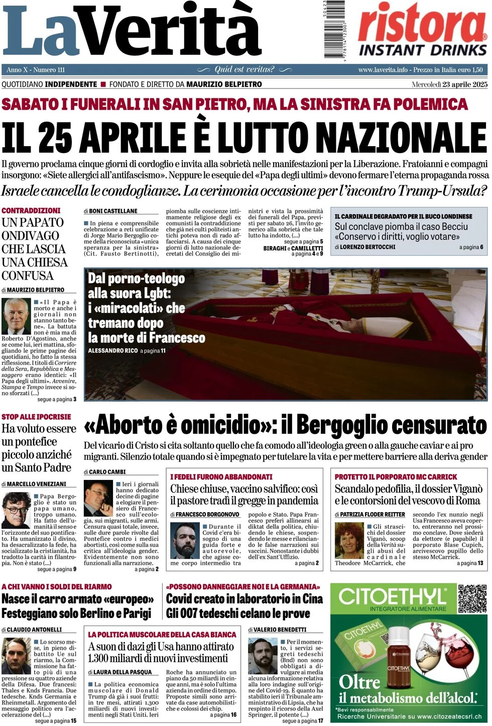 anteprima della prima pagina di la-verit del 23/04/2025