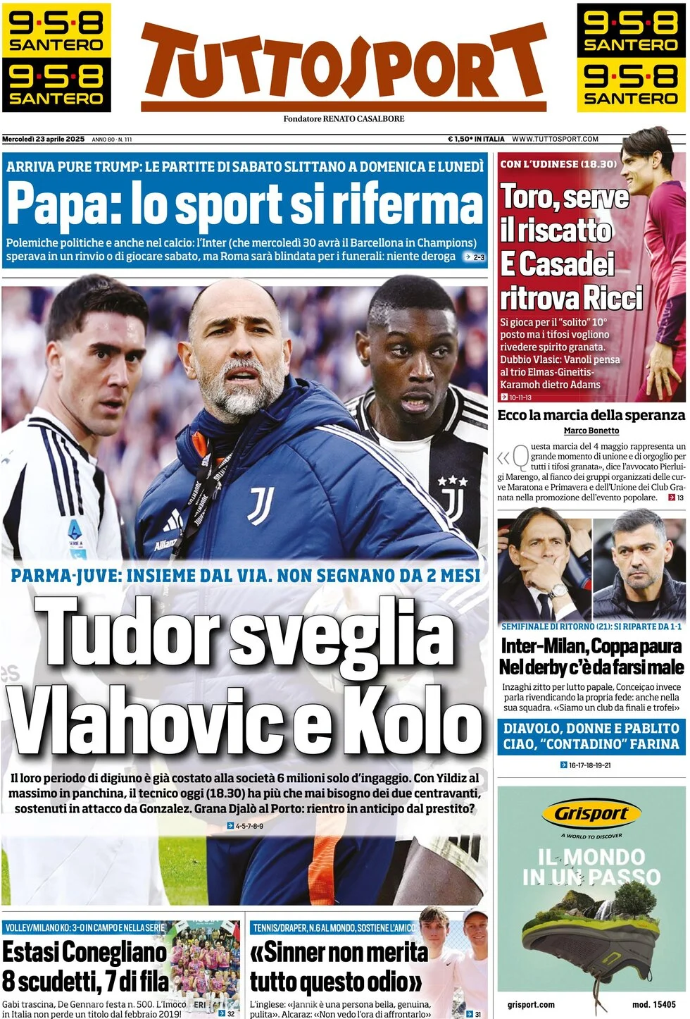 anteprima della prima pagina di tuttosport del 23/04/2025