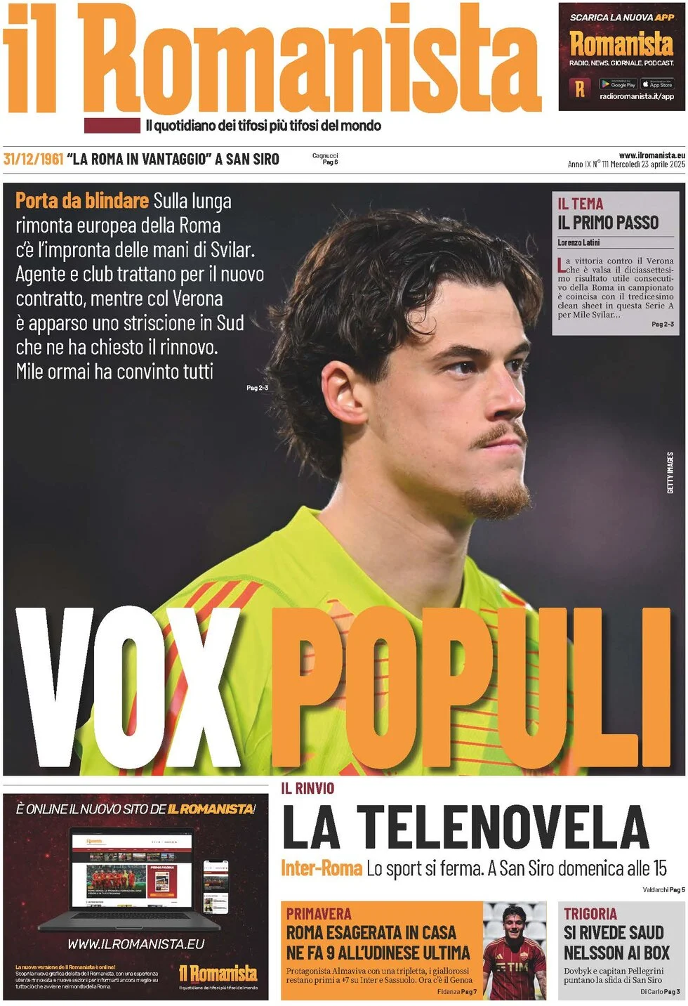 anteprima della prima pagina di il-romanista del 23/04/2025