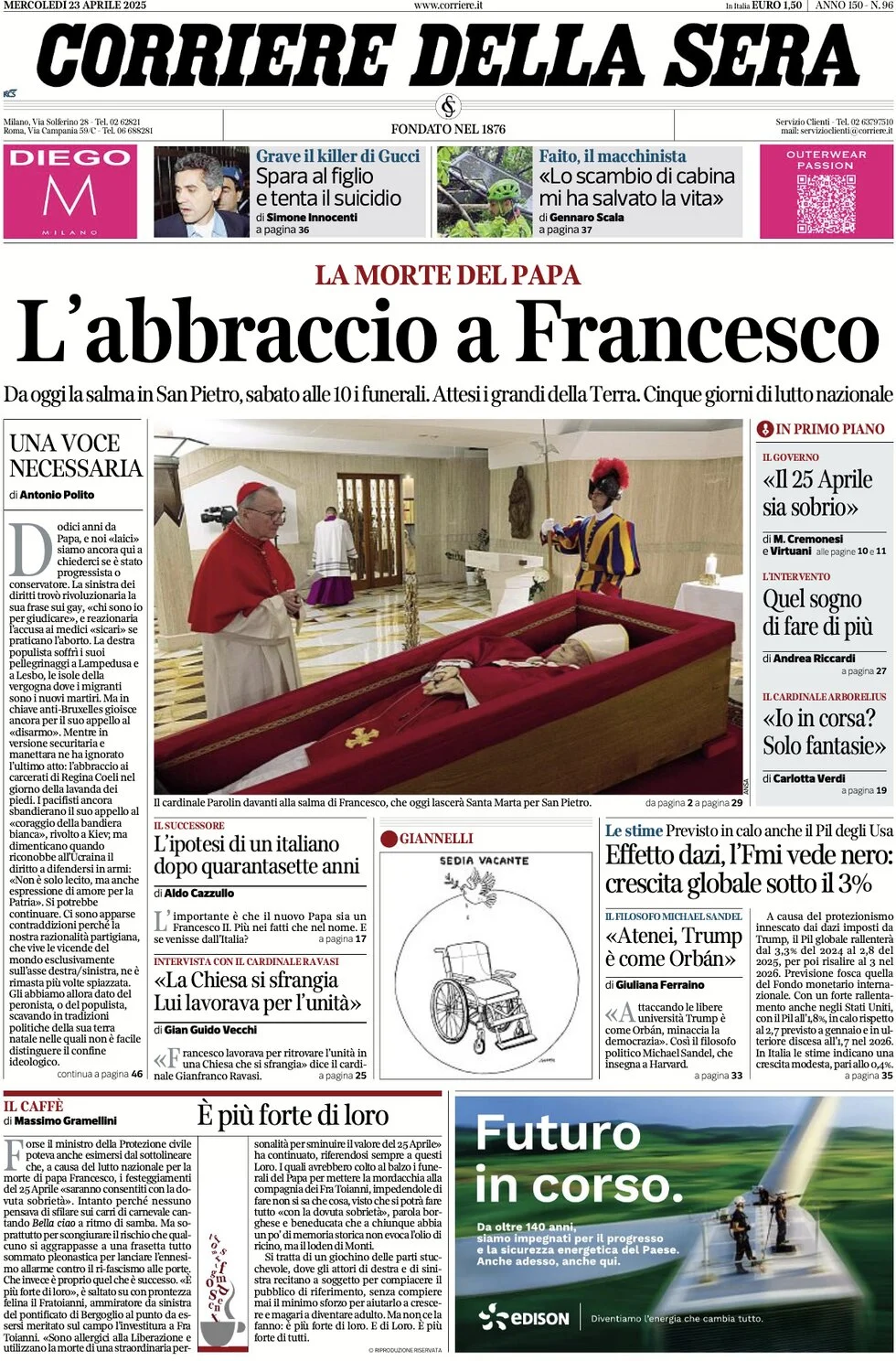 anteprima della prima pagina di corriere-della-sera del 23/04/2025