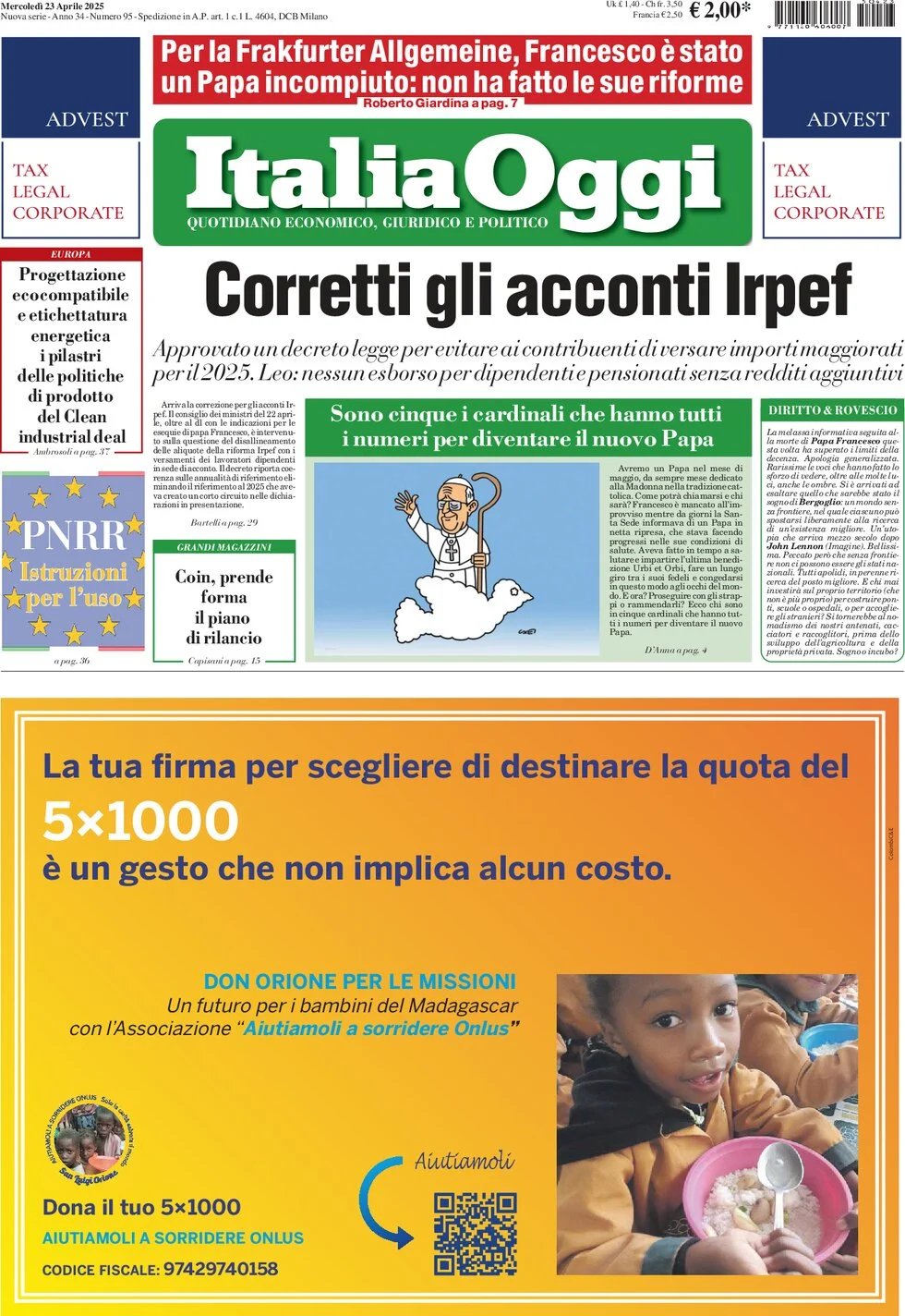 anteprima della prima pagina di italiaoggi del 23/04/2025
