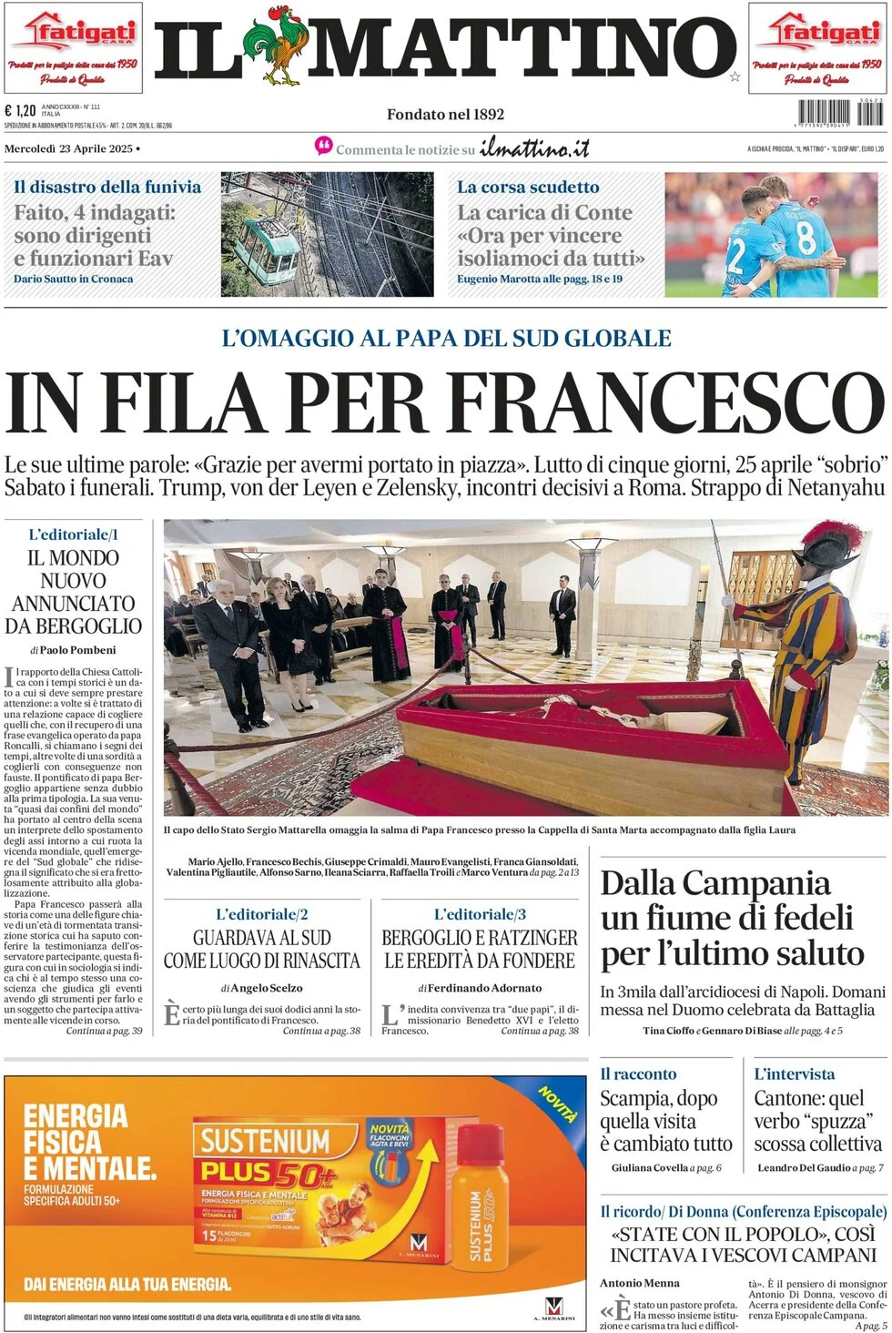 anteprima della prima pagina di il-mattino del 23/04/2025