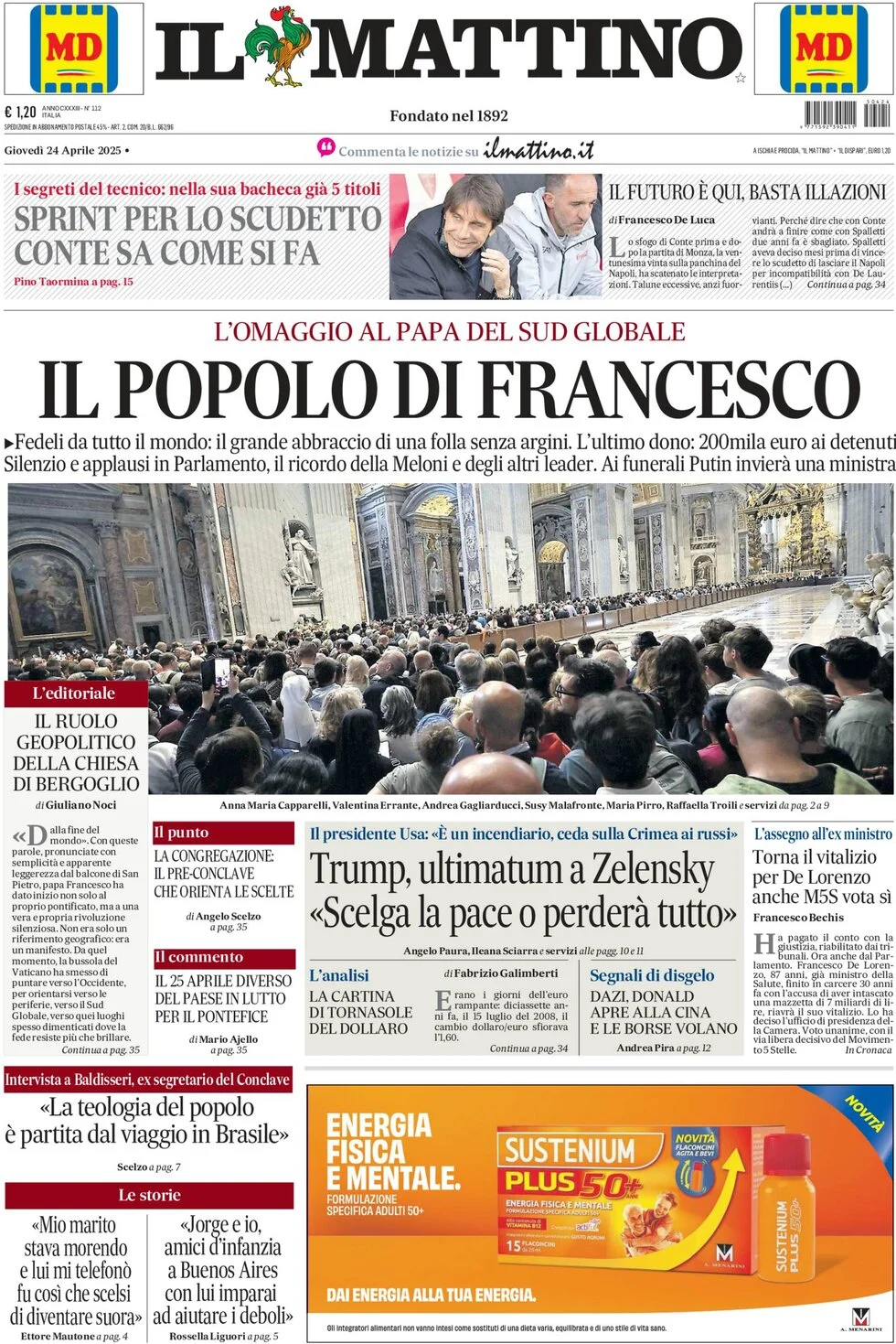 anteprima della prima pagina di il-mattino del 24/04/2025