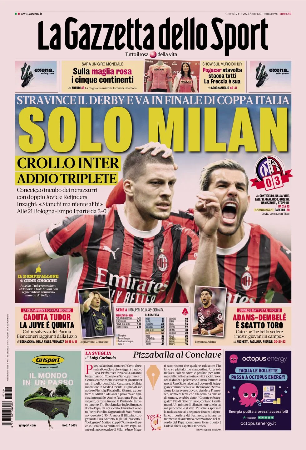 anteprima della prima pagina di la-gazzetta-dello-sport del 24/04/2025