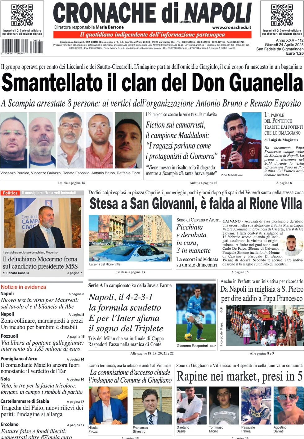 anteprima della prima pagina di cronache-di-napoli del 24/04/2025