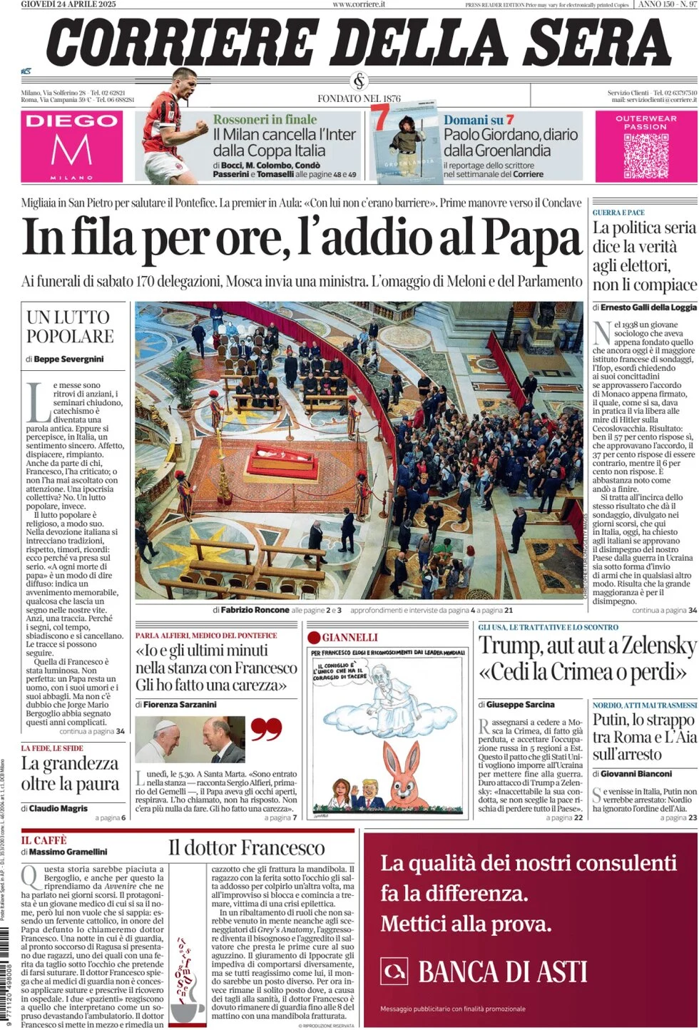anteprima della prima pagina di corriere-della-sera del 24/04/2025